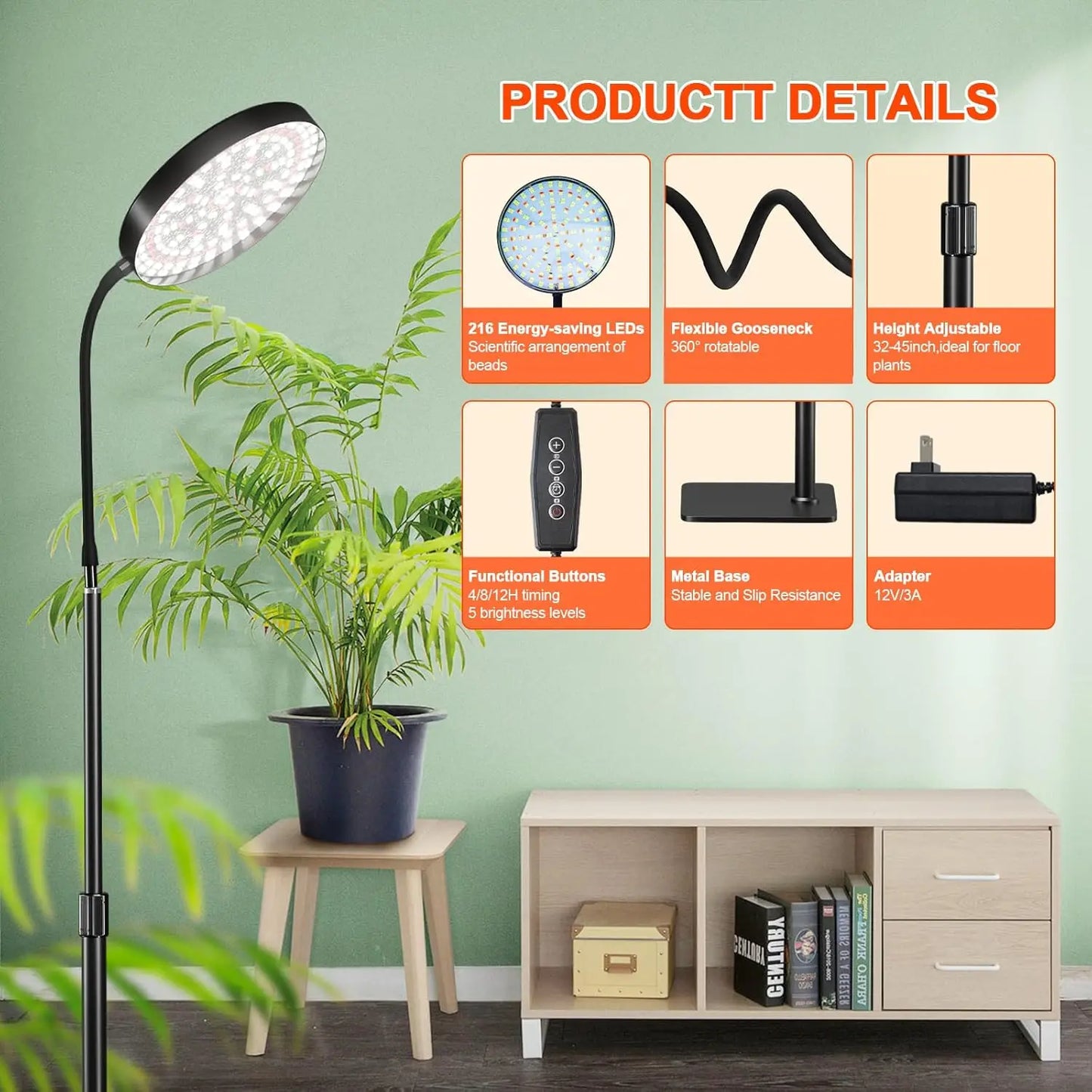 Grow Lights for Plants Full Spectrum Floor Plant Growing Lamp Large Plants Auto ON/Off Timer 5 Dimmable Levels  Adjustable Heigt